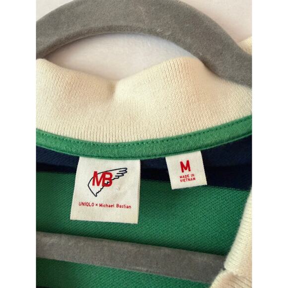 Uniqlo Michael Bastian Polo Shirt Mens Med Short Sleeve Green Navy Blue Stripe - Picture 2 of 6